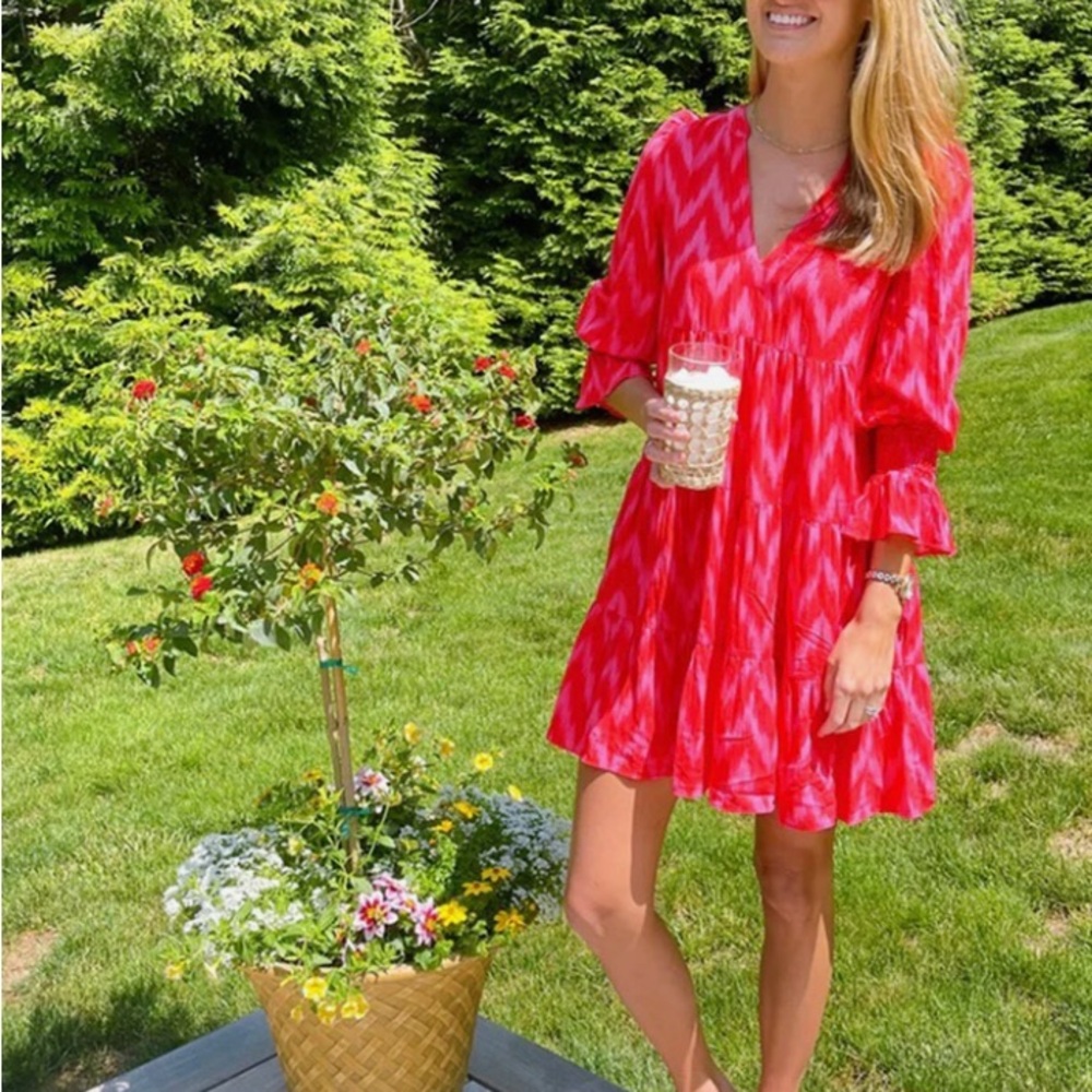 Pomander Place Tuckernuck Hot Pink Zigzag Ikat Kenzo Long Sleeve Dress - Picture 2 of 5